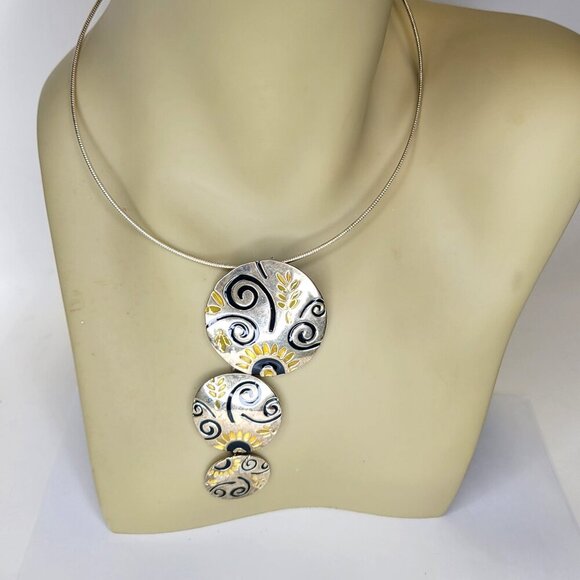 Descending 3 Circle Pendant Necklace with Purple and Yellow Flower Swirls - Picture 1 of 9